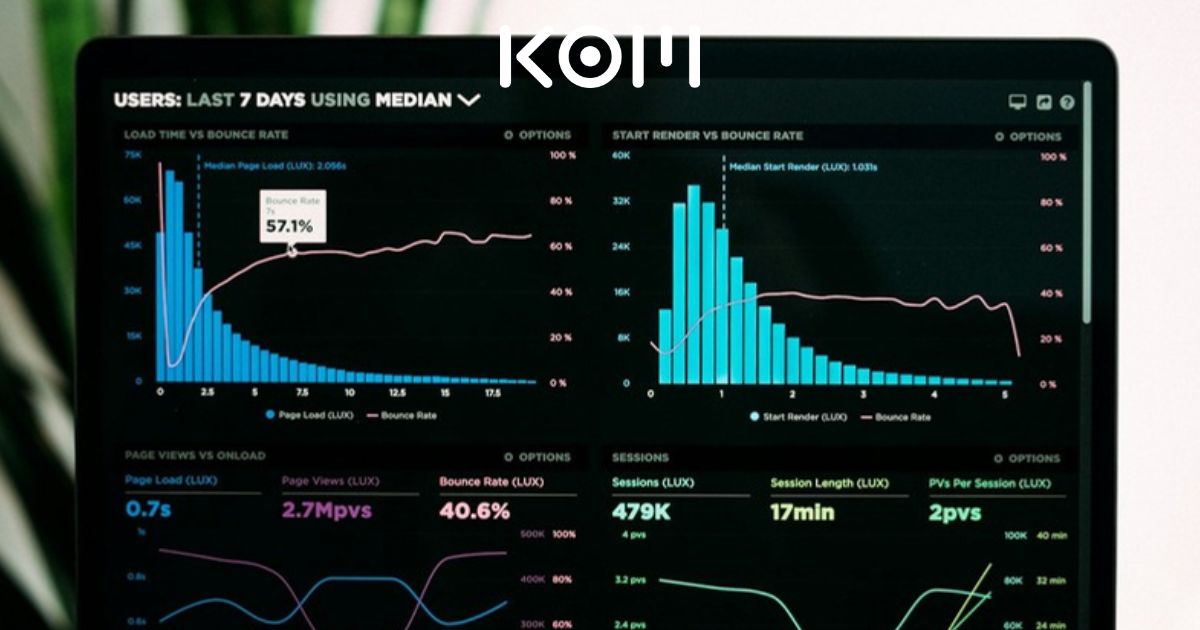 Laptop con dashboards de analítica digital y métricas GA4 Google Search Console Meta y TikTok para Analista de Datos Digitales en KOM Agencia Digital.