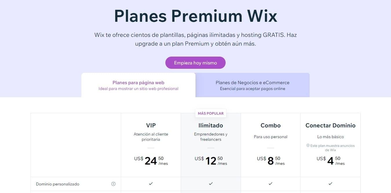 wix planes y precios hacer tu mismo tu pagina web