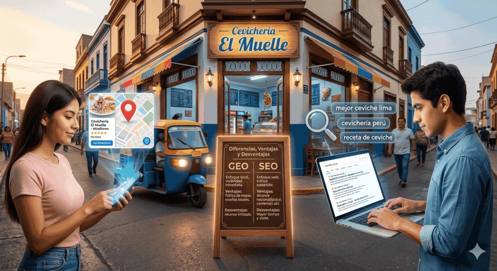 GEO vs SEO diferencias ventajas y desventajas para empresas peruanas | KOM Agencia Digital PAGINAS WEB EN LIMA GEO vs SEO diferencias, ventajas y desventajas para empresas peruanas en el 2026