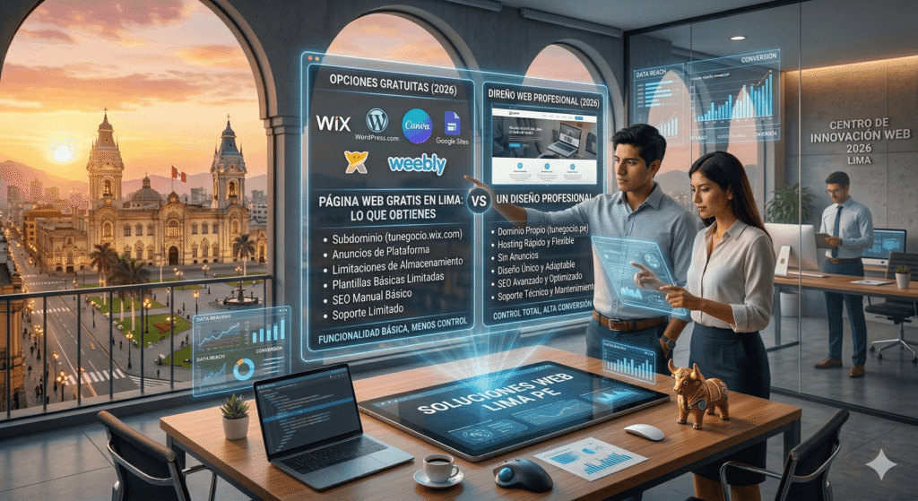 Pagina web gratis en Lima lo que obtienes con Wix WordPress.com Canva Google Sites Weebly vs un diseno profesional | KOM Agencia Digital PAGINAS WEB EN LIMA Página web gratis en Lima lo que obtienes con Wix, WordPress.com, Canva, Google Sites, Weebly vs un diseño profesional en el 2026