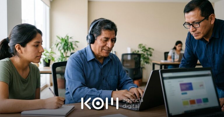 Usuario ciego prueba con teclado y audífonos la web municipal mientras una desarrolladora revisa la accesibilidad web en Perú (accesibilidad web perú)