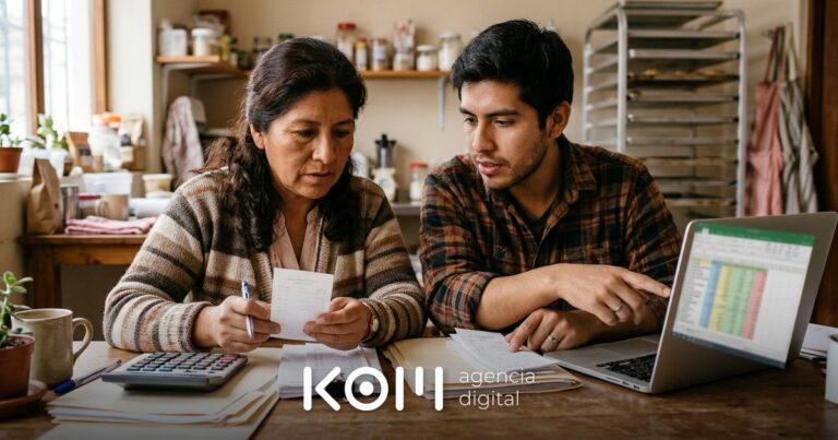 Dueña de una panadería y su hijo revisan comprobantes de pago porque su agencia web no entregó la página contratada
