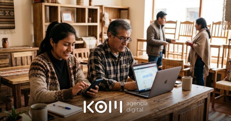 Vendedora responde mensajes en el celular mientras el dueño revisa en la laptop los clics del botón de WhatsApp en la página web (botón de whatsapp en página web)