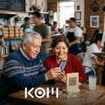 Pareja de clientes escanea la carta digital QR del restaurante en su mesa mientras la dueña revisa pedidos en el celular (carta digital qr restaurante)