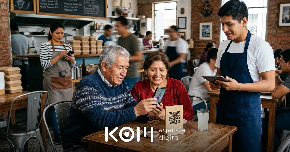 Pareja de clientes escanea la carta digital QR del restaurante en su mesa mientras la dueña revisa pedidos en el celular (carta digital qr restaurante)