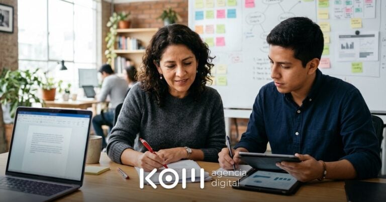 Editora revisa con bolígrafo un borrador junto a un colega para asegurar que el contenido con IA cumpla criterios de SEO (contenido con ia seo)