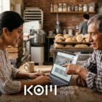 Emprendedora y su padre revisan en la laptop cómo crear una página web con IA para su panadería familiar (crear página web con ia)