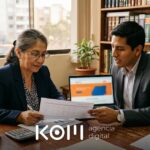Dos abogados revisan un presupuesto impreso y una laptop para calcular cuánto cuesta la página web para abogados de su estudio