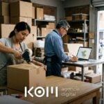 Equipo de una tienda en Lima empaca pedidos y revisa en la laptop las zonas de envíos a provincias de su tienda online (envíos a provincias tienda online)
