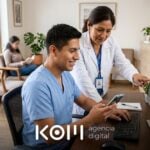 Recepcionista de una clínica dental revisa en su celular un formulario de contacto que convierte y responde en minutos