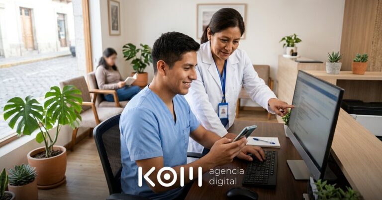 Recepcionista de una clínica dental revisa en su celular un formulario de contacto que convierte y responde en minutos