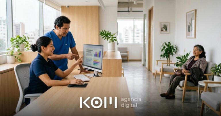 Dentista y recepcionista revisan en la computadora cómo la IA recomienda su consultorio, parte de su estrategia de GEO para clínicas