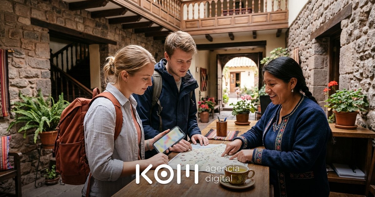 Pareja de viajeros planifica con el celular su estadía mientras la recepcionista los orienta, ejemplo de GEO para hoteles en Cusco (geo hoteles cusco)