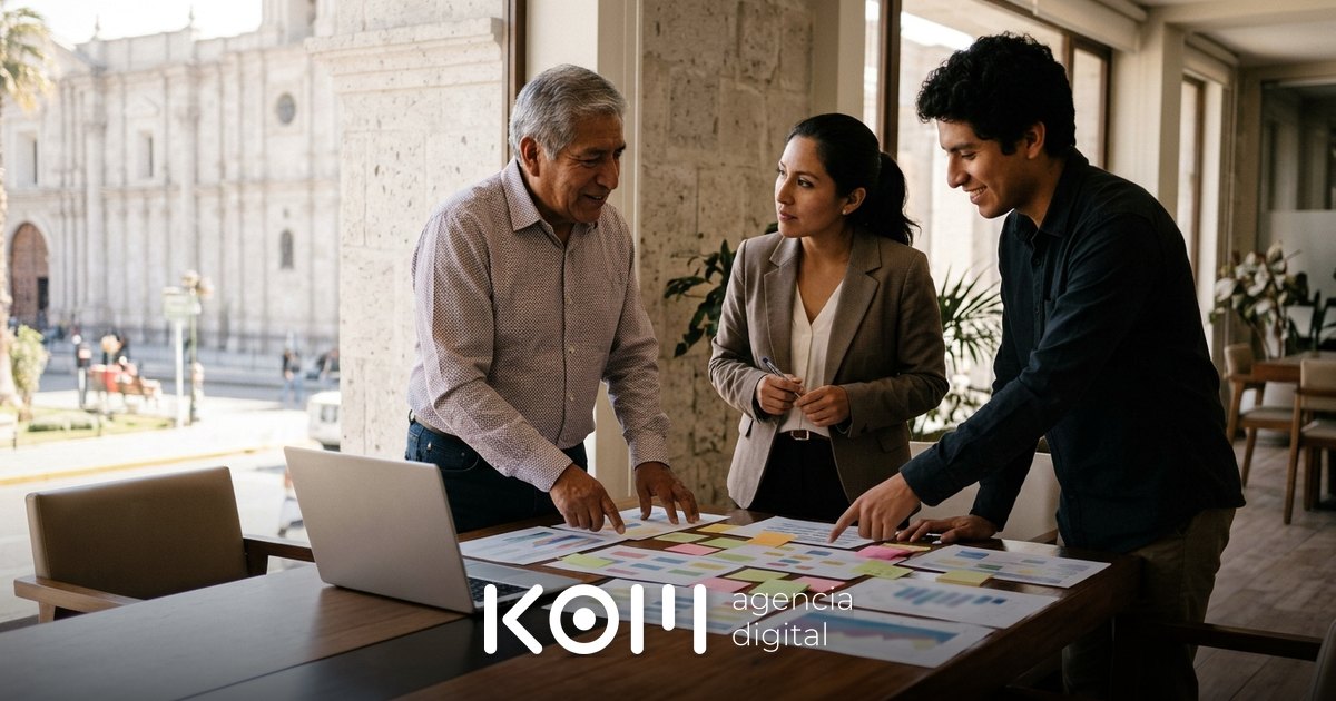 Familia empresaria de Arequipa organiza en una mesa el mapa de sus marcas para planificar una estrategia de GEO con varias marcas (geo varias marcas)