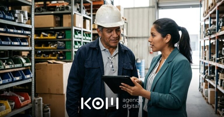 Ingeniero de mantenimiento y analista de compras revisan en una tablet un proveedor hallado con Google Ads B2B en un almacén