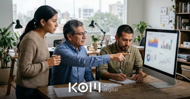 Equipo de marketing revisa en un monitor los resultados de una campaña de Google Ads con inteligencia artificial en su oficina (google ads inteligencia artificial)