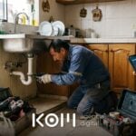 Gasfitero repara la tubería de una cocina mientras la clienta que lo contactó por Google Ads para servicios locales lo observa (google ads servicios locales)
