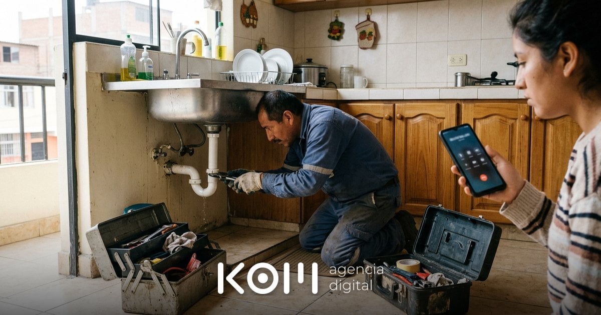 Gasfitero repara la tubería de una cocina mientras la clienta que lo contactó por Google Ads para servicios locales lo observa (google ads servicios locales)