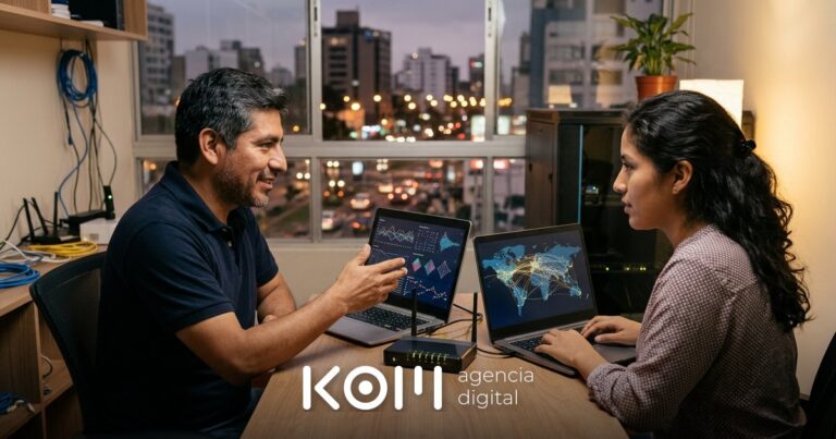 Técnico y desarrolladora comparan en sus laptops gráficos de latencia para decidir si contratar hosting en Perú o en el extranjero
