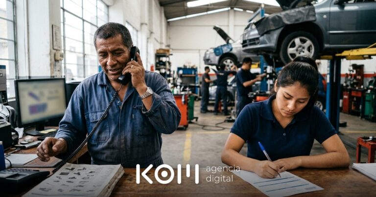 Mecánico de un taller en Lima atiende una llamada en la que Google llama al negocio con IA para pedir precios (google llama a negocios ia)