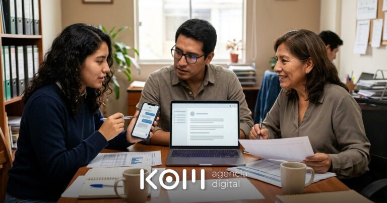 Equipo de una pequeña oficina compara en laptop y celular las respuestas de las IA más usadas en Perú para su trabajo diario