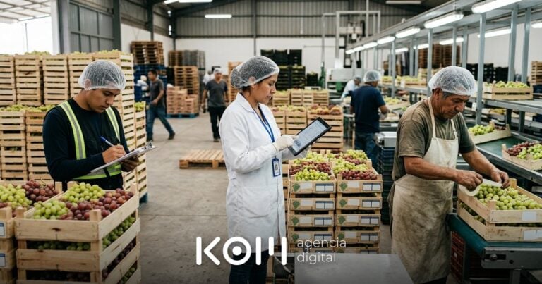 Supervisora de calidad revisa en una tablet los registros de lotes de uva en un packing, un uso práctico de la IA para agroexportación