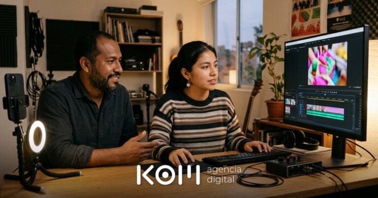 Equipo creativo edita en su computadora clips generados con una IA para crear videos para redes sociales de una marca