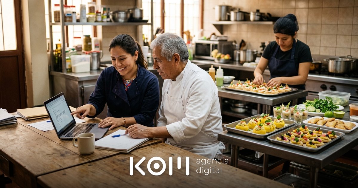 Dueña de un catering y su chef revisan una cotización en la laptop mientras usan IA para eventos y preparan bocaditos