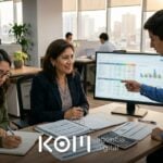 Gerenta de finanzas y su equipo revisan en el monitor una hoja de cálculo creada con IA para Excel en la oficina