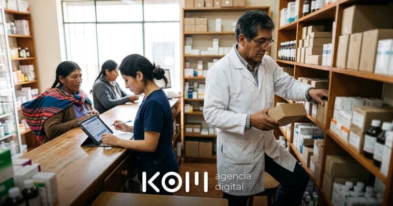 Farmacéutico revisa cajas de medicamentos mientras su asistente controla vencimientos en una tablet usando IA para farmacias