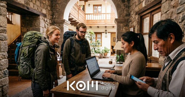 Recepcionista de un hostal en Cusco usa IA para hoteles y responde en inglés a una pareja de turistas en el mostrador