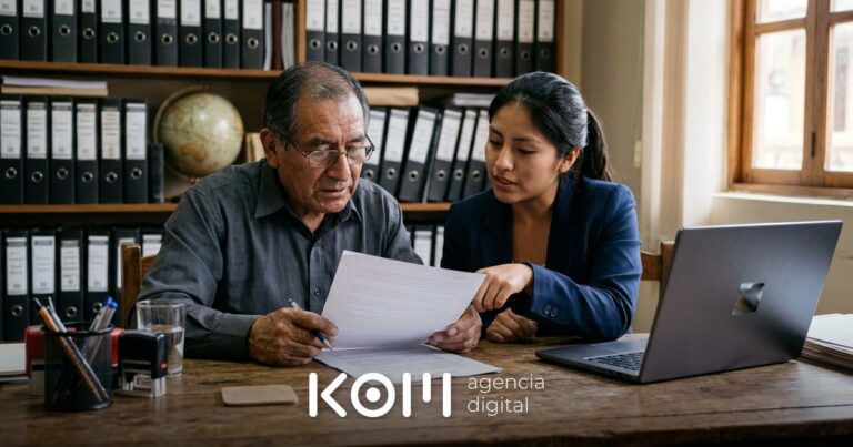 Notario y abogada joven revisan un contrato impreso junto a una laptop, ejemplo de uso de IA para notarías con revisión humana