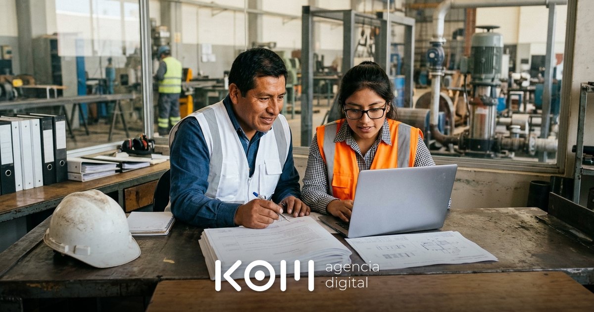 Ingeniero de ventas y analista de calidad revisan bases y una ficha técnica en una laptop usando IA para proveedores mineros