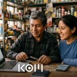 Dueño de ferretería y su hija revisan en la laptop los indicadores de marketing digital del mes junto al mostrador (indicadores marketing digital)
