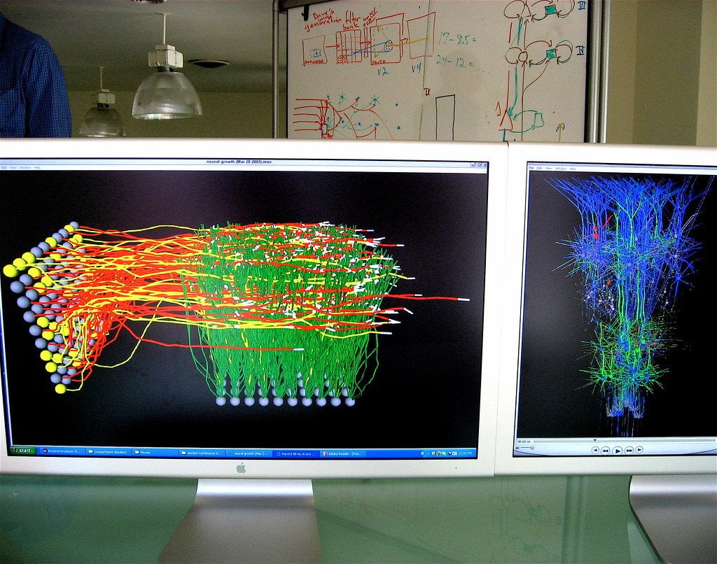 Representación de una red neuronal de inteligencia artificial, la tecnología detrás de AI Mode de Google