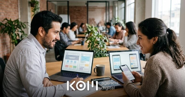 Dos desarrolladores comparan en laptops y celular cuatro diseños para elegir el mejor tema WordPress 2026 para una web
