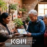 Recepcionista de un hostal en Cusco muestra a dos turistas el calendario del motor de reservas para hotel en una tablet (motor de reservas para hotel precio)