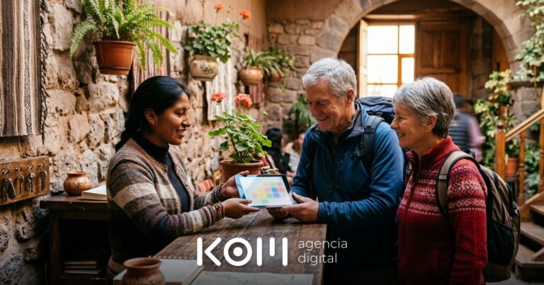 Recepcionista de un hostal en Cusco muestra a dos turistas el calendario del motor de reservas para hotel en una tablet (motor de reservas para hotel precio)