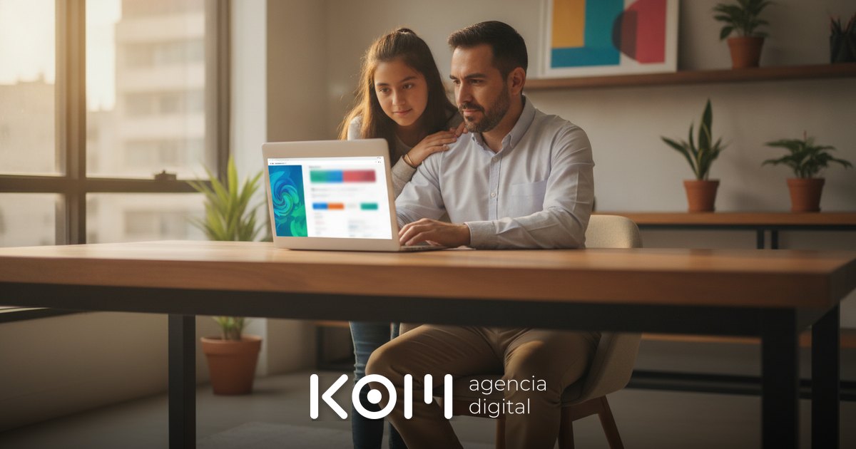 Padre e hija en Lima observan cómo un navegador con IA resume la página de una empresa en el panel lateral de la laptop