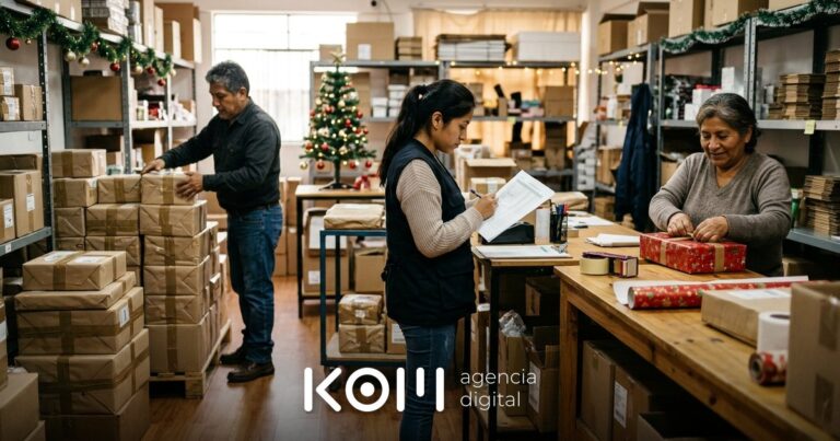 Equipo de una tienda online prepara paquetes y revisa las fechas de envío para atender los pedidos de Navidad a tiempo (navidad tienda online)