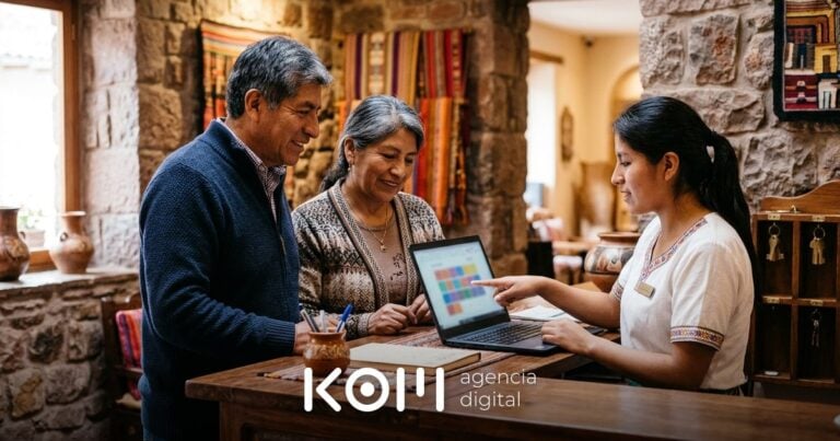 Dueños de un hotel boutique en Cusco revisan en la laptop el calendario de reservas para calcular el precio de su página web para hotel (página web para hotel precio)