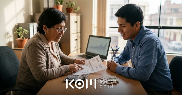 Contadora y dueño de una pyme revisan si la página web con precio en dólares o soles conviene más usando una calculadora (página web precio dólares o soles)