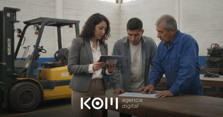 Consultora y dos mecánicos de un taller de Arequipa revisan en una tablet palabras clave sin volumen para su web de servicios