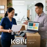 Recepcionista y joven de marketing revisan en una laptop los patrones de bloques WordPress que se repiten en la web de su clínica