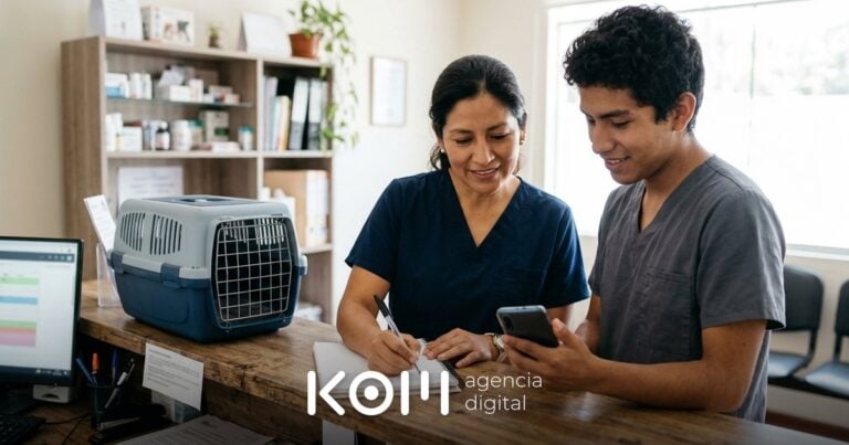 Veterinaria y su asistente revisan en el celular la caja people also ask de Google y anotan las dudas de sus clientes