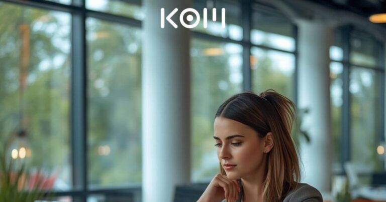 Joven profesional analizando y comparando información en laptop en espacio de coworking con luz natural - KOM