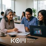 Empresaria peruana revisa con dos consultores el precio de una agencia de marketing digital en Perú durante una reunión (precio agencia de marketing digital perú)