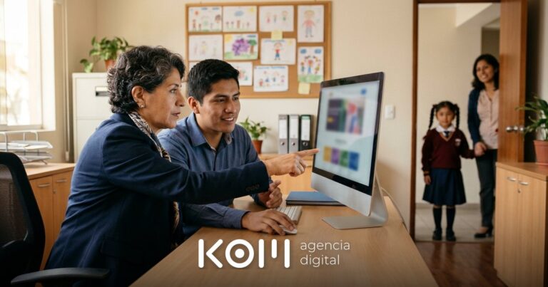 Directora de un colegio privado revisa con su asistente la nueva web de admisión, tras comparar el precio de una página web para colegio (página web para colegio precio)