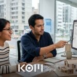 Dos asesores revisan en un monitor el buscador de proyectos de su web, tras cotizar el precio de una página web inmobiliaria (página web inmobiliaria precio)