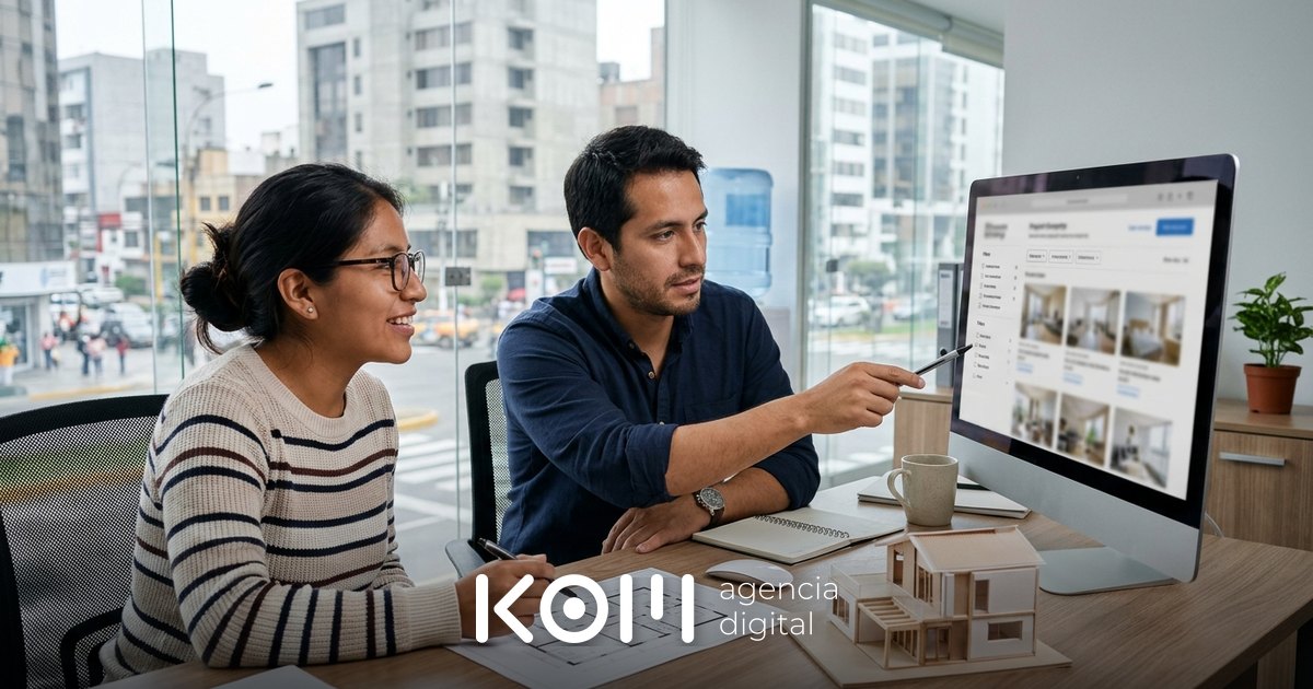 Dos asesores revisan en un monitor el buscador de proyectos de su web, tras cotizar el precio de una página web inmobiliaria (página web inmobiliaria precio)